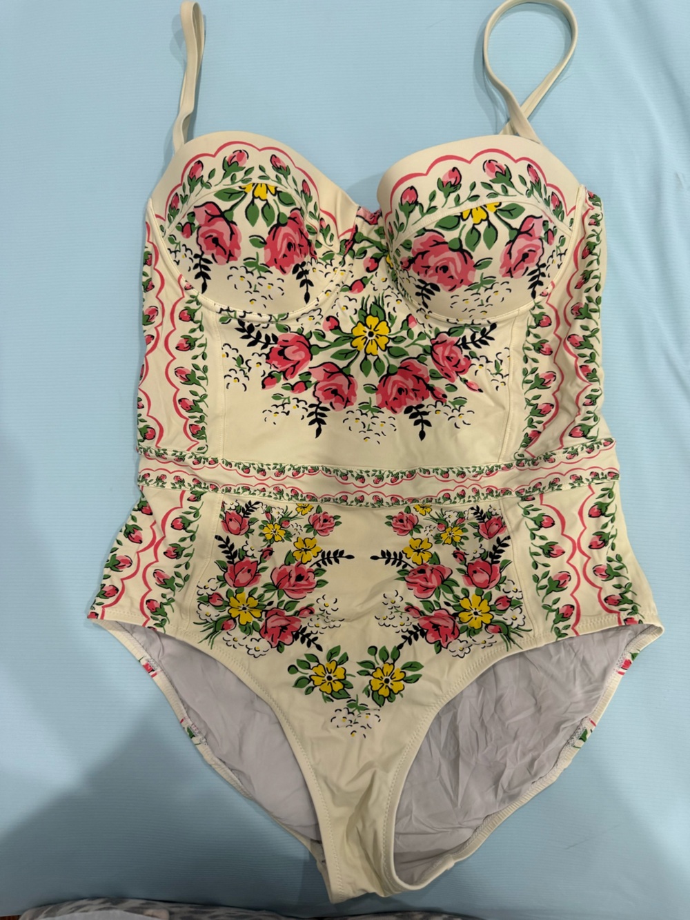 Tory Burch Floral Bustier One Piece Swimsuit in Cream with Pink & Yellow Roses
